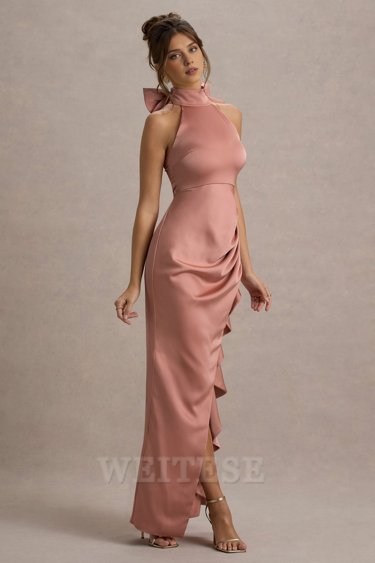 Weitese Dress Pink Satin High-Neck Draped Maxi Dress Prom Dress With Bow Ruffle Floor Length Sleeveless Bridesmaid Dress