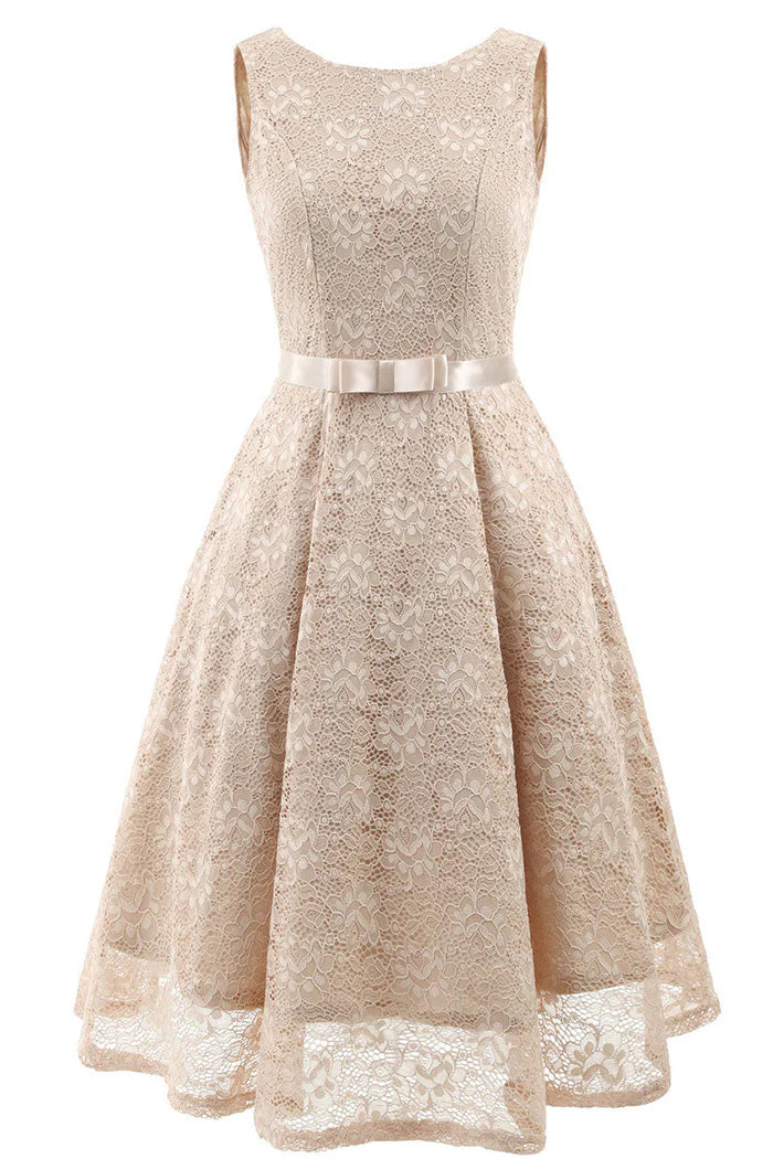 Robe de soirée princesse rose sans manches, coupe trapèze, longueur thé, en dentelle 