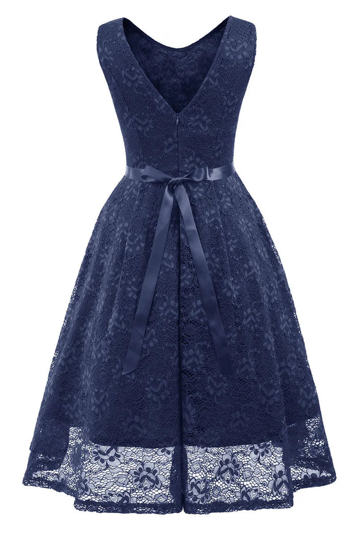 Robe de soirée princesse rose sans manches, coupe trapèze, longueur thé, en dentelle 