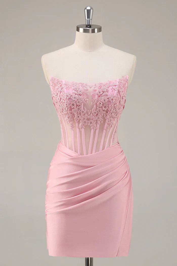 Weitese Dress Pink Strapless Corset Beaded Tight Short Homecoming Dress Appliques Party Dress