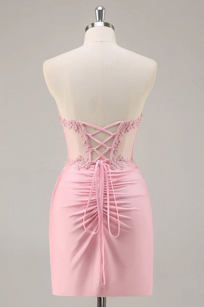 Weitese Dress Pink Strapless Corset Beaded Tight Short Homecoming Dress Appliques Party Dress