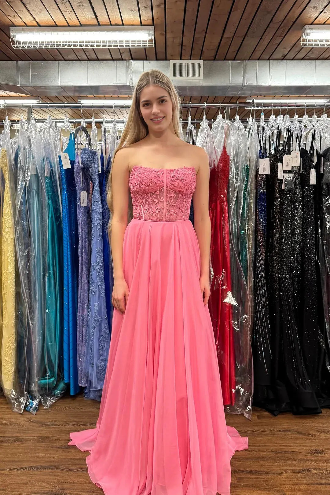 Weitese Dress Pink Strapless Illusion Lace Applique A-line Dress Chiffon Prom Dress