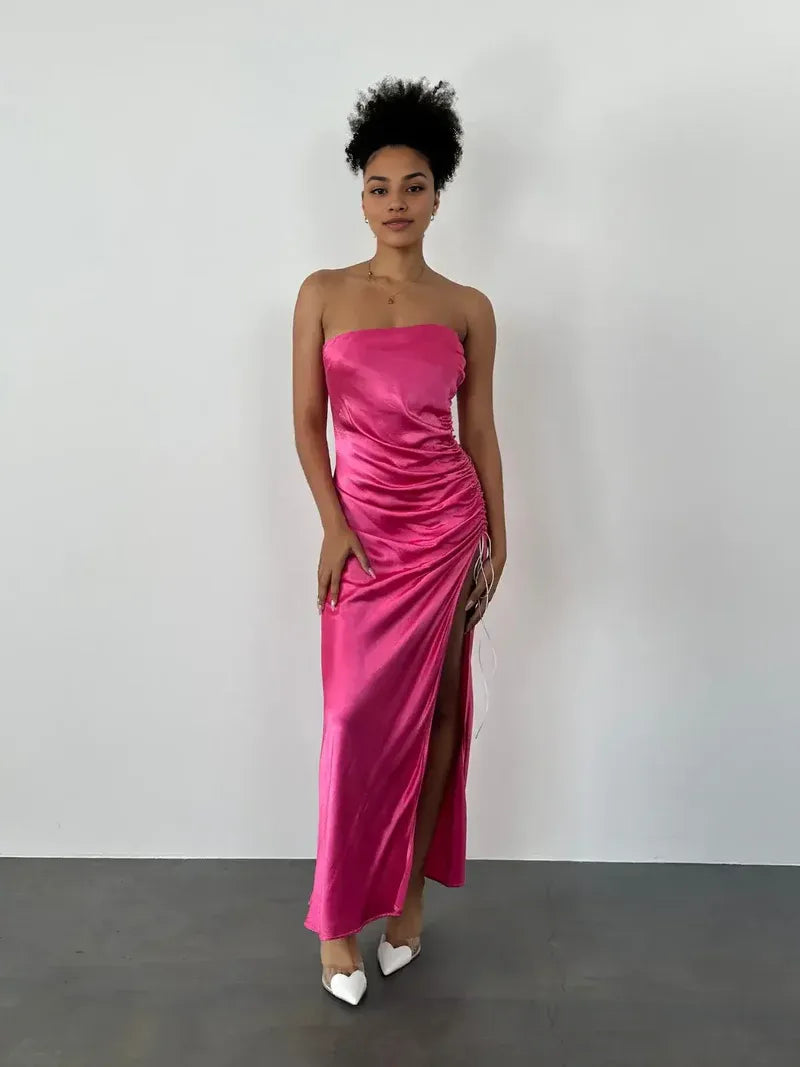 Weitese Dress Pink Strapless Sleeveless Prom Dress Pleated Ankle Length Evening Dress With Hight Slit