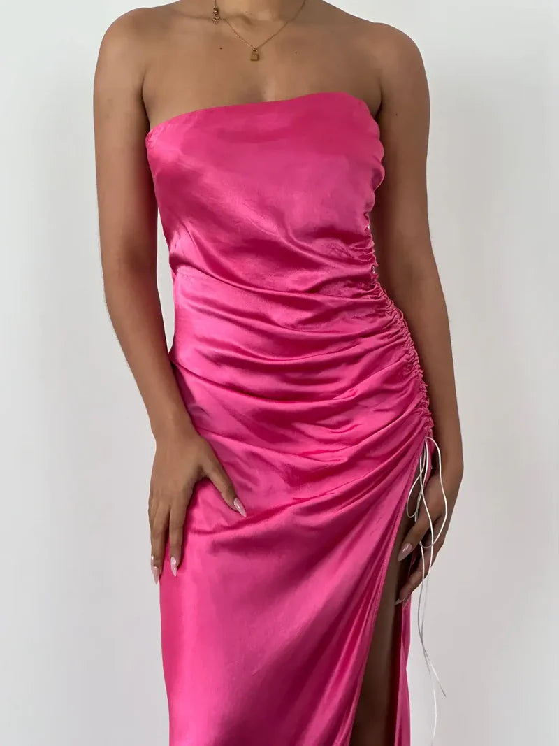 Weitese Dress Pink Strapless Sleeveless Prom Dress Pleated Ankle Length Evening Dress With Hight Slit