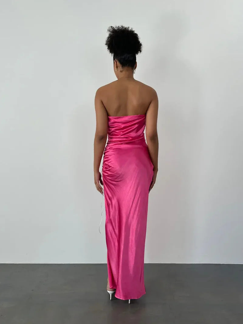 Weitese Dress Pink Strapless Sleeveless Prom Dress Pleated Ankle Length Evening Dress With Hight Slit