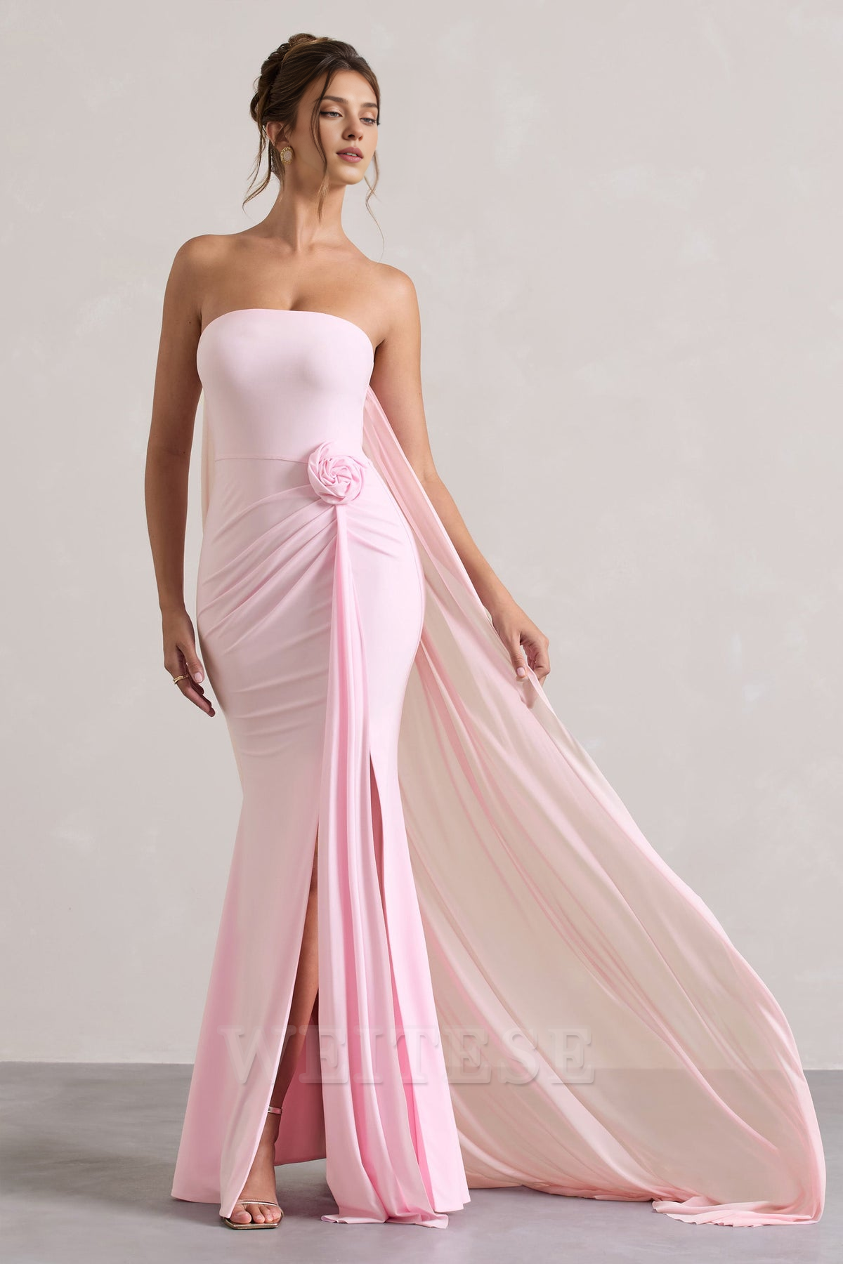Weitese Dress Pink Strapless Wrap Cape Maxi Dress With Corsage Bridesmaid Dress Strapless Floor Length With Train Prom Dress