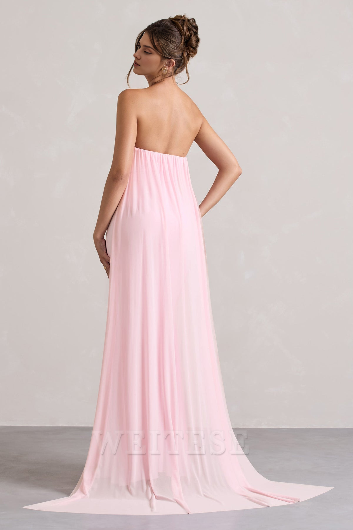 Weitese Dress Pink Strapless Wrap Cape Maxi Dress With Corsage Bridesmaid Dress Strapless Floor Length With Train Prom Dress