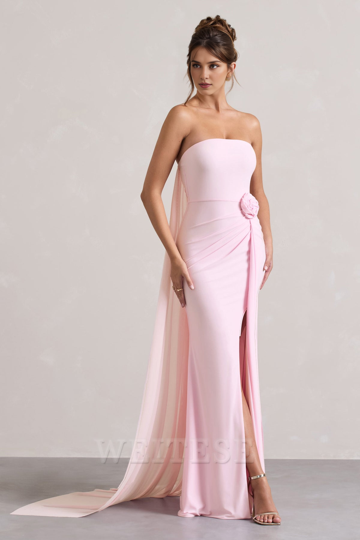 Weitese Dress Pink Strapless Wrap Cape Maxi Dress With Corsage Bridesmaid Dress Strapless Floor Length With Train Prom Dress
