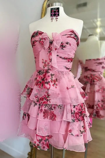 Weitese Dress Pink Sweetheart Sleeveless Pleated Tiered A-Line Short Homecoming Dress