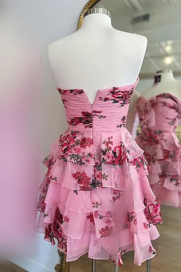 Weitese Dress Pink Sweetheart Sleeveless Pleated Tiered A-Line Short Homecoming Dress