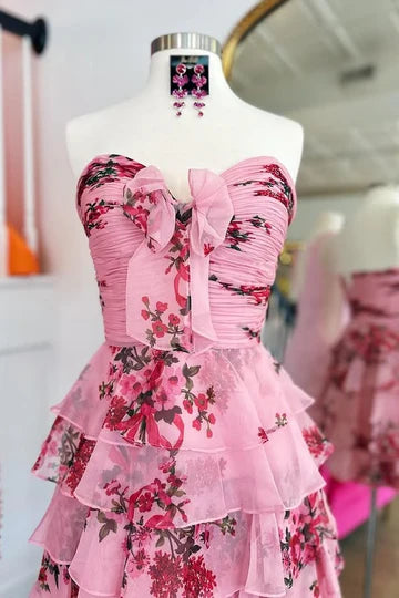 Weitese Dress Pink Sweetheart Sleeveless Pleated Tiered A-Line Short Homecoming Dress