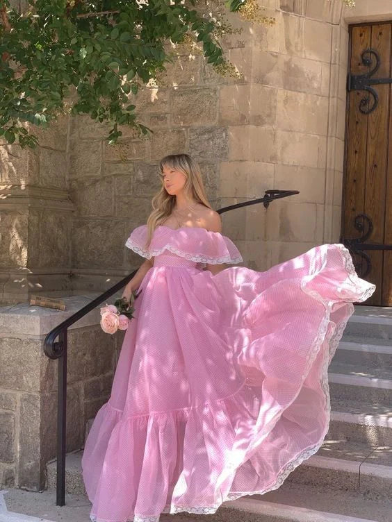 Weitese Dress Pink Tulle Off The Shoulder Lace Long Prom Dress Elegant Evening Dress Party Dress