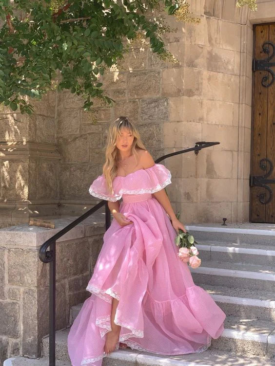 Weitese Dress Pink Tulle Off The Shoulder Lace Long Prom Dress Elegant Evening Dress Party Dress