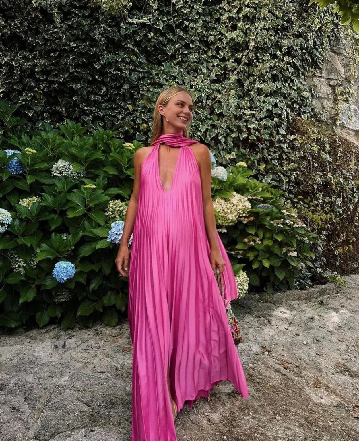 Weitese Dress Pink V-neck Elegant Long Satin Evening Dress Party Dress Wedding Guest Dress Prom Dress