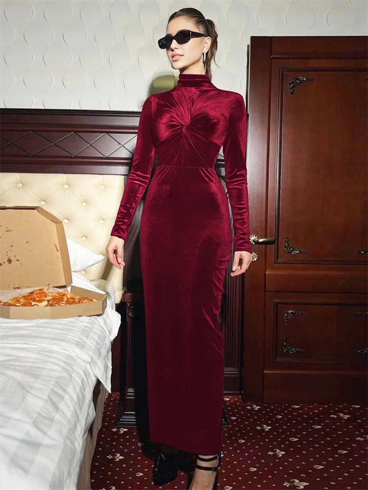 Weitese Dress Pleated Twist Long Sleeve Maxi Dress Party Dress Long Sleeves Hight Neck Floor Length Prom Dress