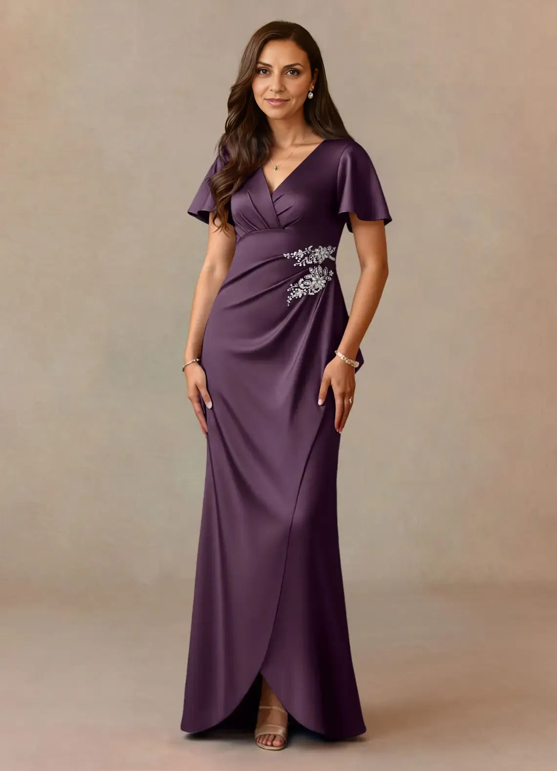 Weitese Dress Dusty Rose A-Line Pleated Satin Dress V-Neck Flutter Sleeve Beaded Floor-Length Mother of the Bride Dress