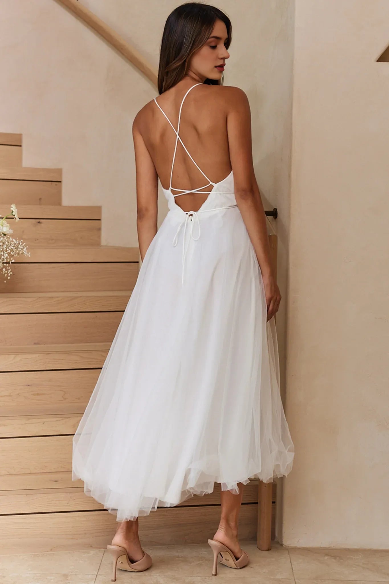 Robe Weitese à décolleté plongeant et superposition de maille, robe mi-longue, dos nu, couleur sauge, coupe trapèze/princesse 