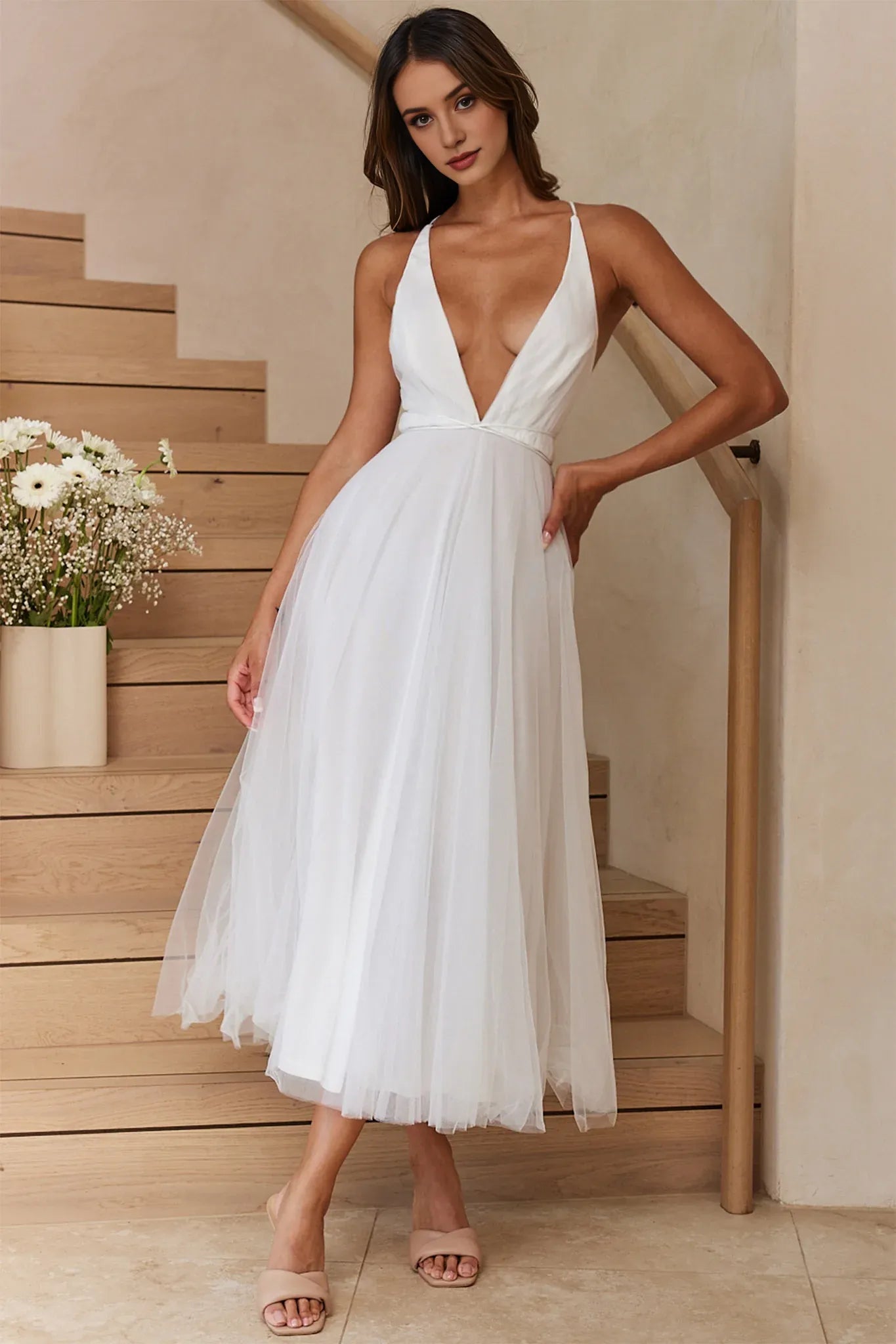 Robe Weitese à décolleté plongeant et superposition de maille, robe mi-longue, dos nu, couleur sauge, coupe trapèze/princesse 