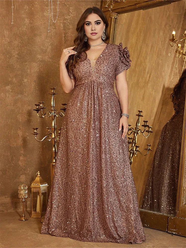 Robe Weitese grande taille, col en V, rose, longueur au sol, brillante, robe de bal, robe de soirée de luxe, robe de soirée de mariage 