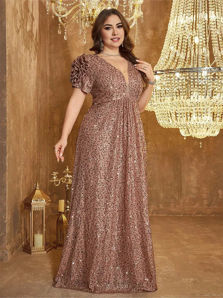 Robe Weitese grande taille, col en V, rose, longueur au sol, brillante, robe de bal, robe de soirée de luxe, robe de soirée de mariage 