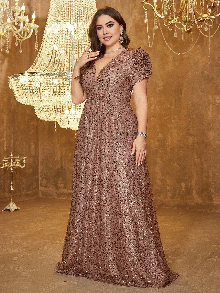 Robe Weitese grande taille, col en V, rose, longueur au sol, brillante, robe de bal, robe de soirée de luxe, robe de soirée de mariage 