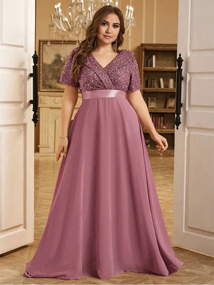 Robe Weitese grande taille, col en V, manches courtes, brillante, longueur au sol, robe de soirée de mariage de luxe, robe de bal à paillettes, robe maman 