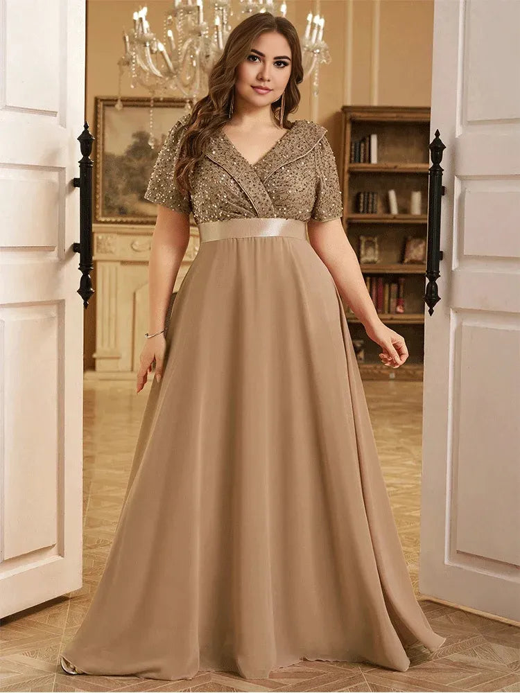 Robe Weitese grande taille, col en V, manches courtes, brillante, longueur au sol, robe de soirée de mariage de luxe, robe de bal à paillettes, robe maman 