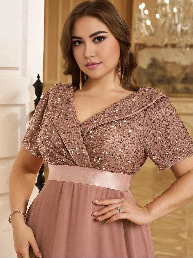 Robe Weitese grande taille, col en V, manches courtes, brillante, longueur au sol, robe de soirée de mariage de luxe, robe de bal à paillettes, robe maman 