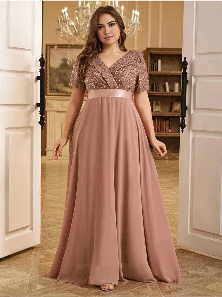 Robe Weitese grande taille, col en V, manches courtes, brillante, longueur au sol, robe de soirée de mariage de luxe, robe de bal à paillettes, robe maman 