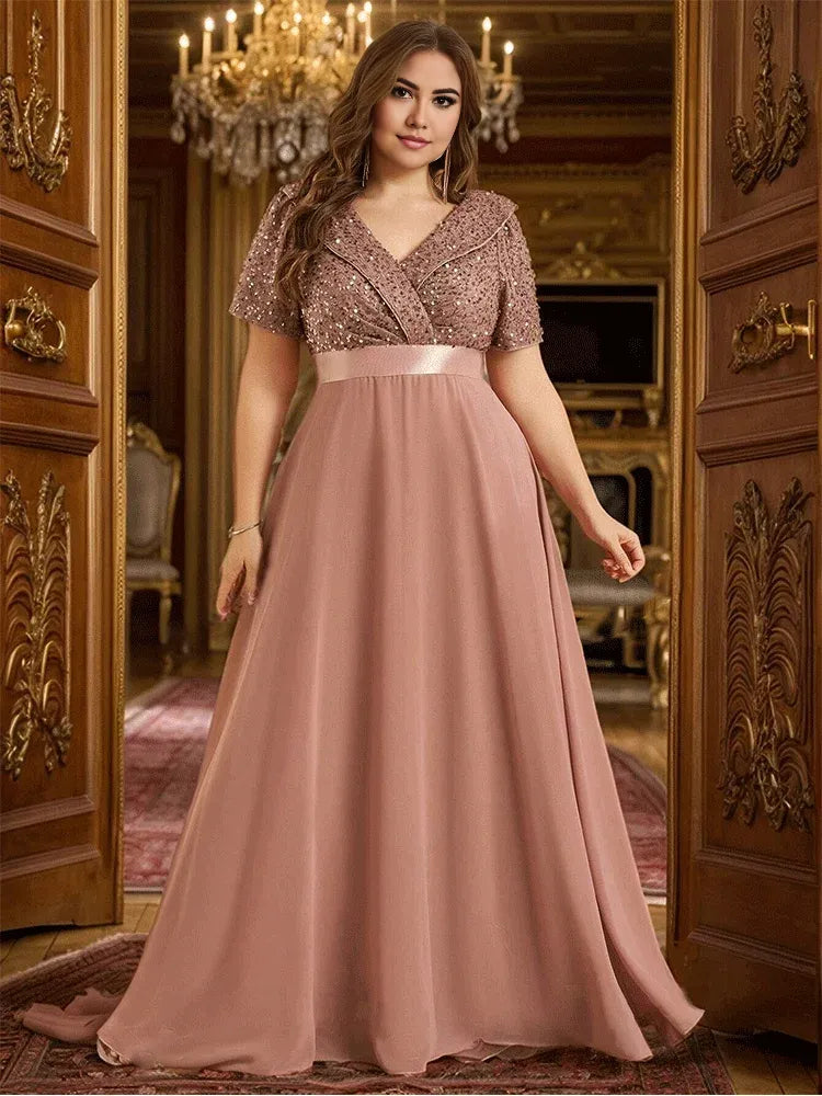 Robe Weitese grande taille, col en V, manches courtes, brillante, longueur au sol, robe de soirée de mariage de luxe, robe de bal à paillettes, robe maman 