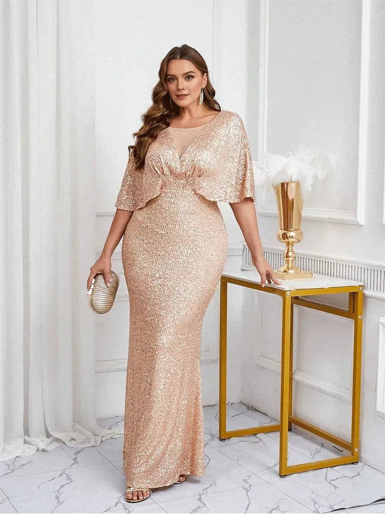 Robe Weitese grande taille col en V abricot brillant longueur au sol demi-manches robe de soirée cape robe de soirée abricot robe de mère de la mariée 