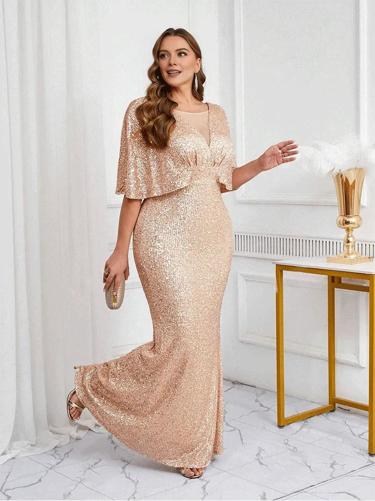 Robe Weitese grande taille col en V abricot brillant longueur au sol demi-manches robe de soirée cape robe de soirée abricot robe de mère de la mariée 