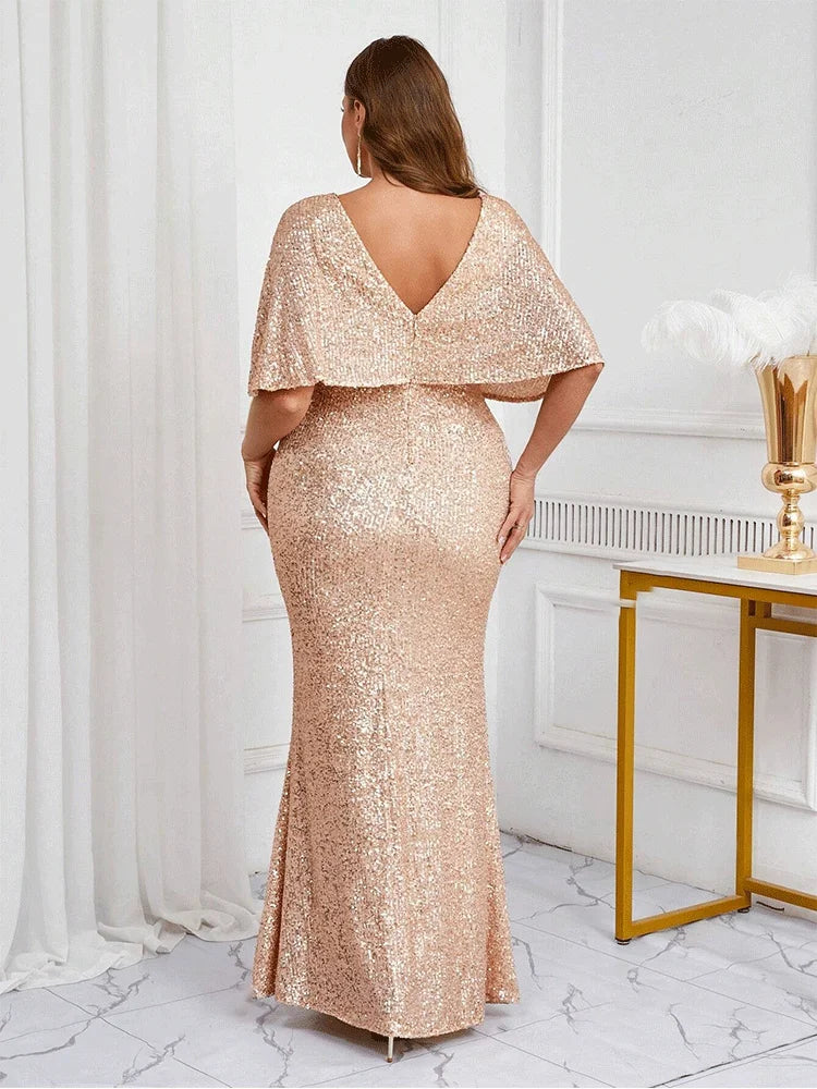 Robe Weitese grande taille col en V abricot brillant longueur au sol demi-manches robe de soirée cape robe de soirée abricot robe de mère de la mariée 