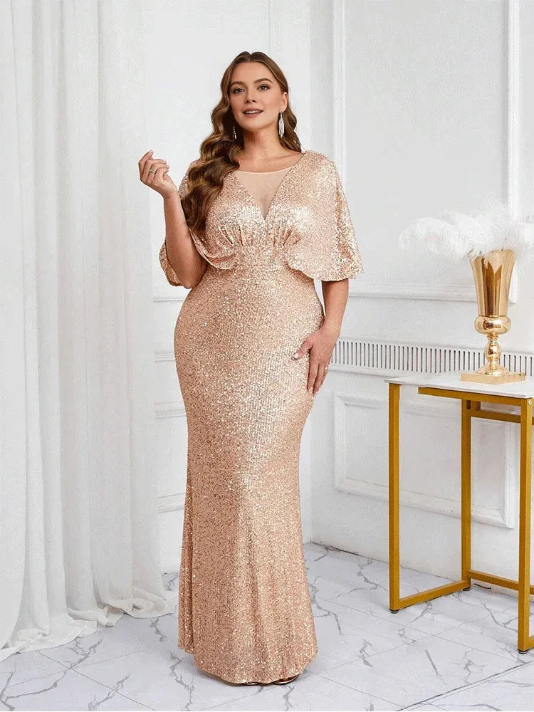 Robe Weitese grande taille col en V abricot brillant longueur au sol demi-manches robe de soirée cape robe de soirée abricot robe de mère de la mariée 