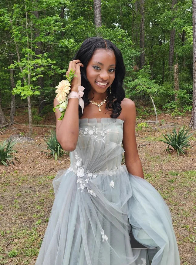 Vestido Weitese, bonito vestido de fiesta largo de tul gris sin tirantes y con apliques, vestido de noche 