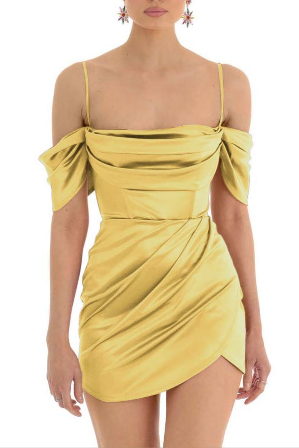 Vestido Weitese, bonito vestido fucsia con tirantes finos, pliegues, hombros descubiertos, corto, con cordones, para regreso a casa. 