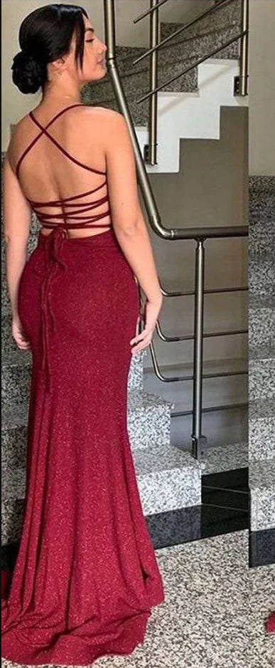 Weitese Dress Pretty Sheath Spaghetti Straps Burgundy Slit Long Evening Dress Prom Dresses