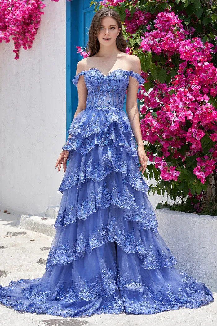 Weitese Dress Princess A Line Off the Shoulder Dark Blue Long Party Dress With Appliques Prom Dress