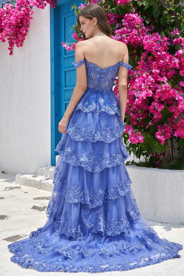 Weitese Dress Princess A Line Off the Shoulder Dark Blue Long Party Dress With Appliques Prom Dress