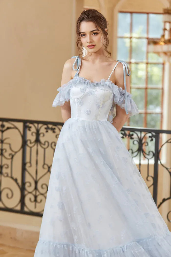 Vestido Weitese Princesa Línea A Hombros Descubiertos Azul Claro Maxi Vestido de Fiesta Sin Mangas Volantes Vestido de Fiesta de Moda 