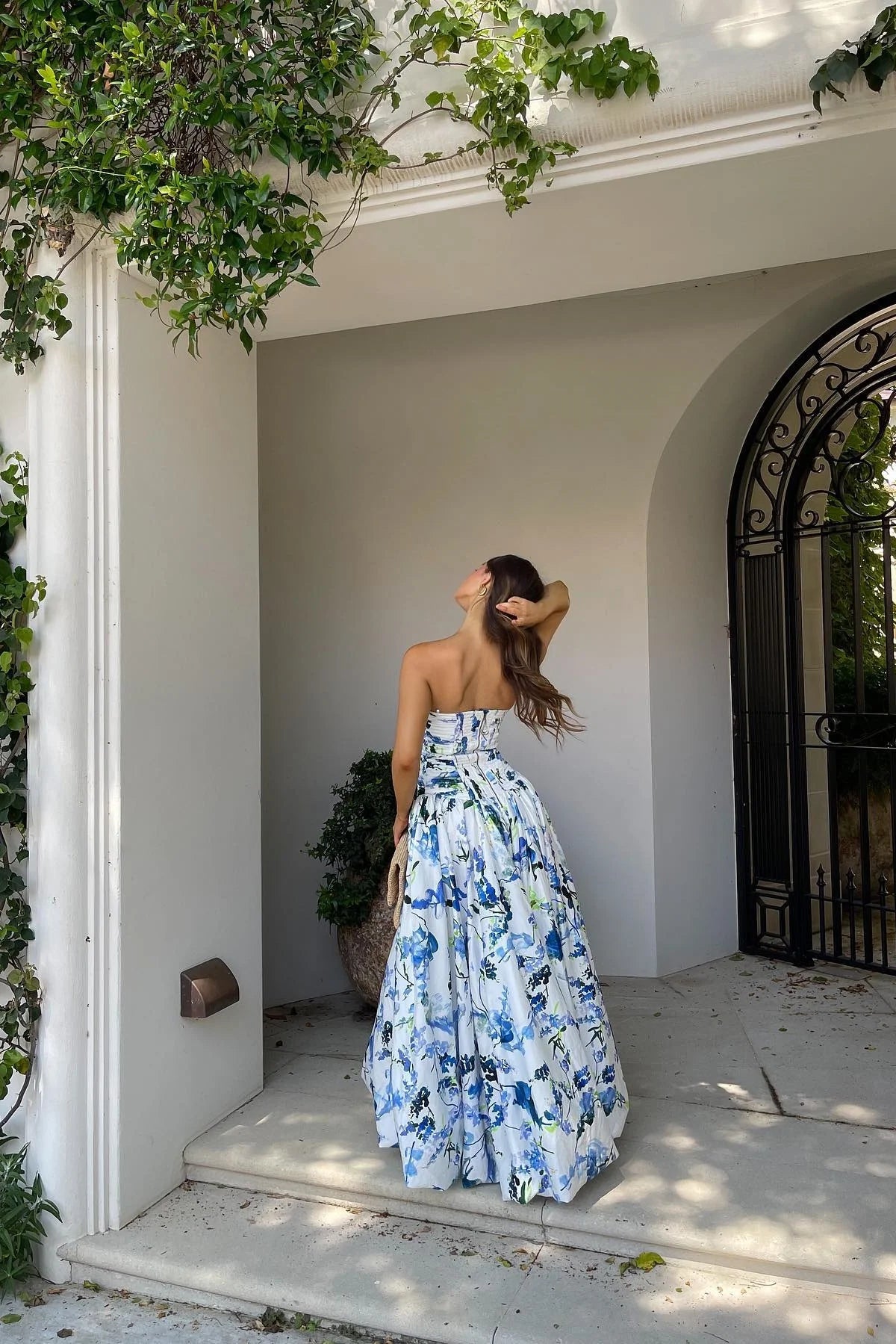 Vestido Weitese de princesa, corte A, sin tirantes, azul, estampado, alto-bajo, para fiesta, con volantes, vestido de graduación 