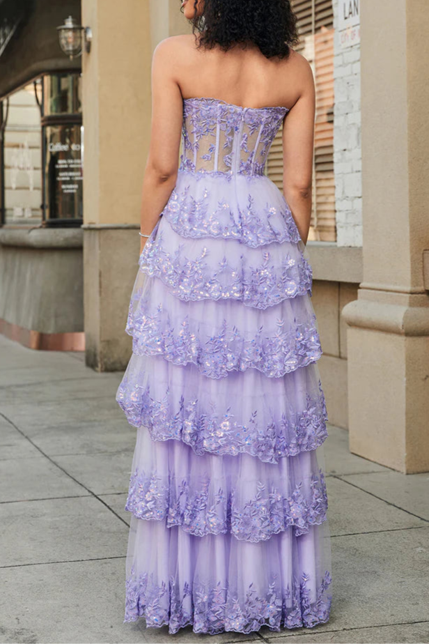 Vestido Weitese de princesa, corte en A, escote corazón, color lavanda, corsé, vestido de fiesta, sin mangas, vestido largo con capas, vestido de fiesta 