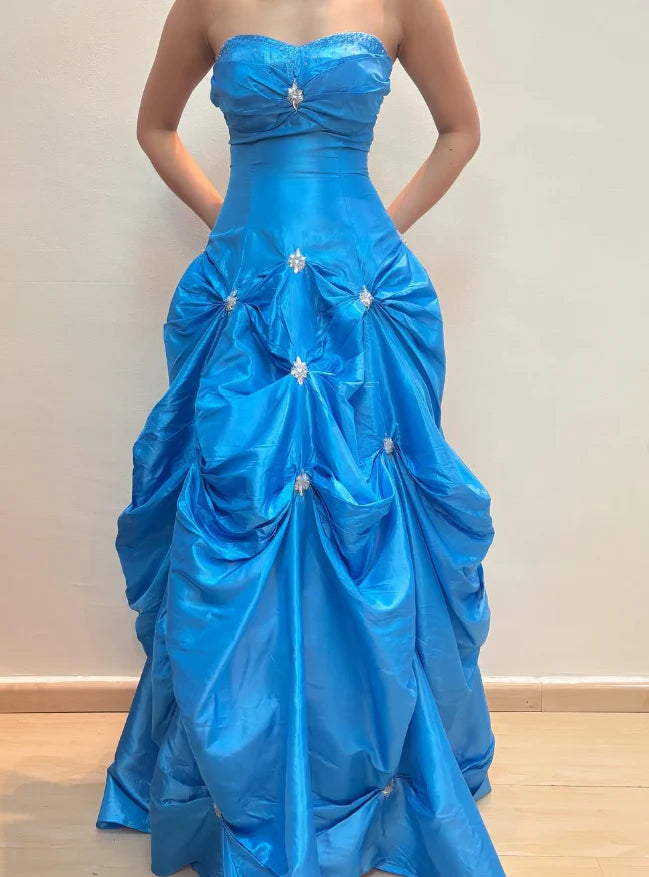 Weitese Dress Princess A Line Sweetheart Neck Beaded Rhinestone Blue Satin Long Prom Dress Evening Dress Party Dress
