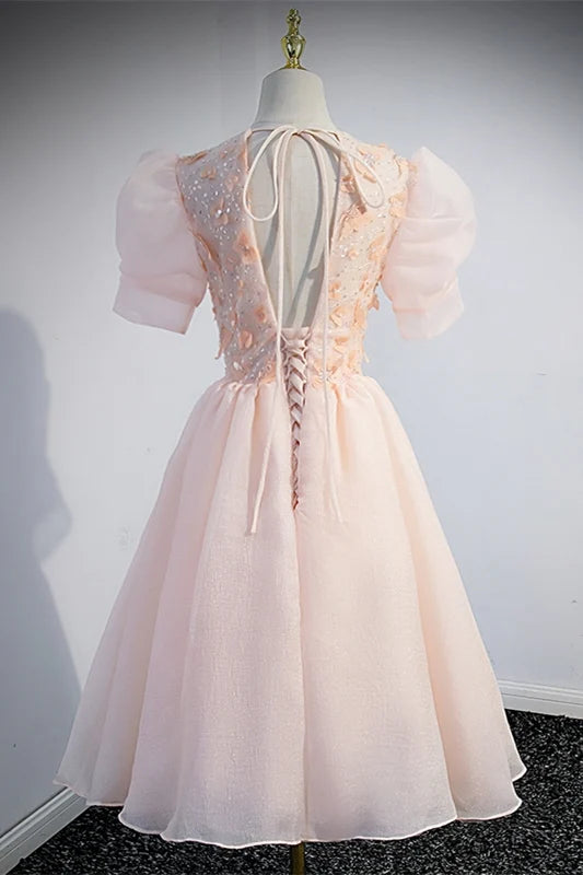 Weitese Dress Princess Pink A-line Short Dress With Empire Waist Short Sleeves Homecoming Dress