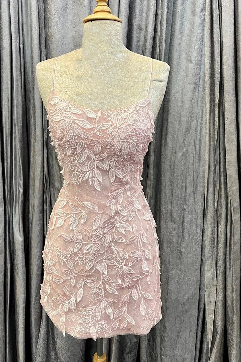 Weitese Dress Princess Pink Lace Appliques Bodycon Short Party Dress Spaghetti Straps Sleeveless Homecoming Dress