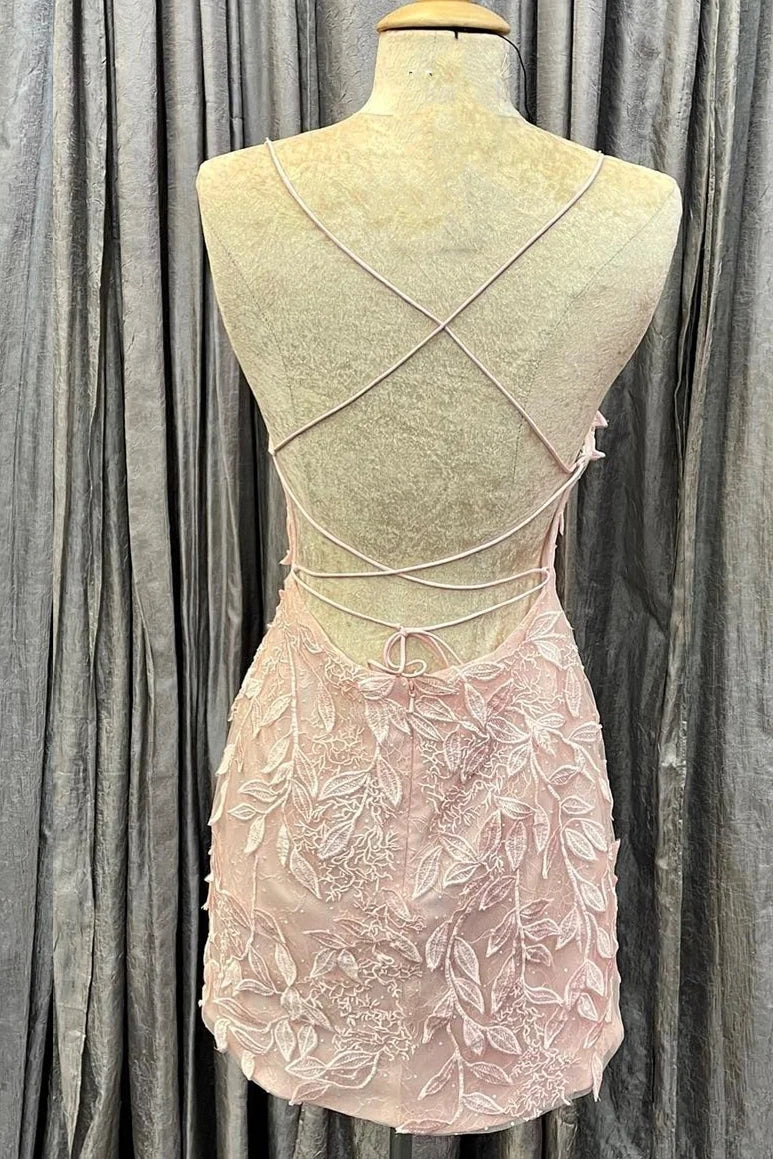 Weitese Dress Princess Pink Lace Appliques Bodycon Short Party Dress Spaghetti Straps Sleeveless Homecoming Dress