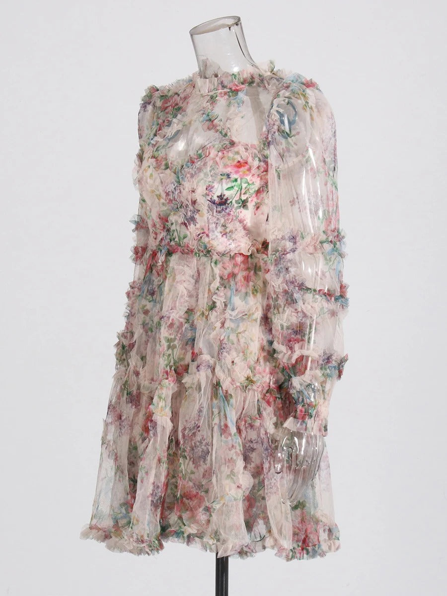 Vestido Weitese con estampado de patchwork de malla, dulce vestido para mujer, cuello redondo, manga larga, floral, adelgazante, vestido de fiesta de moda para mujer 