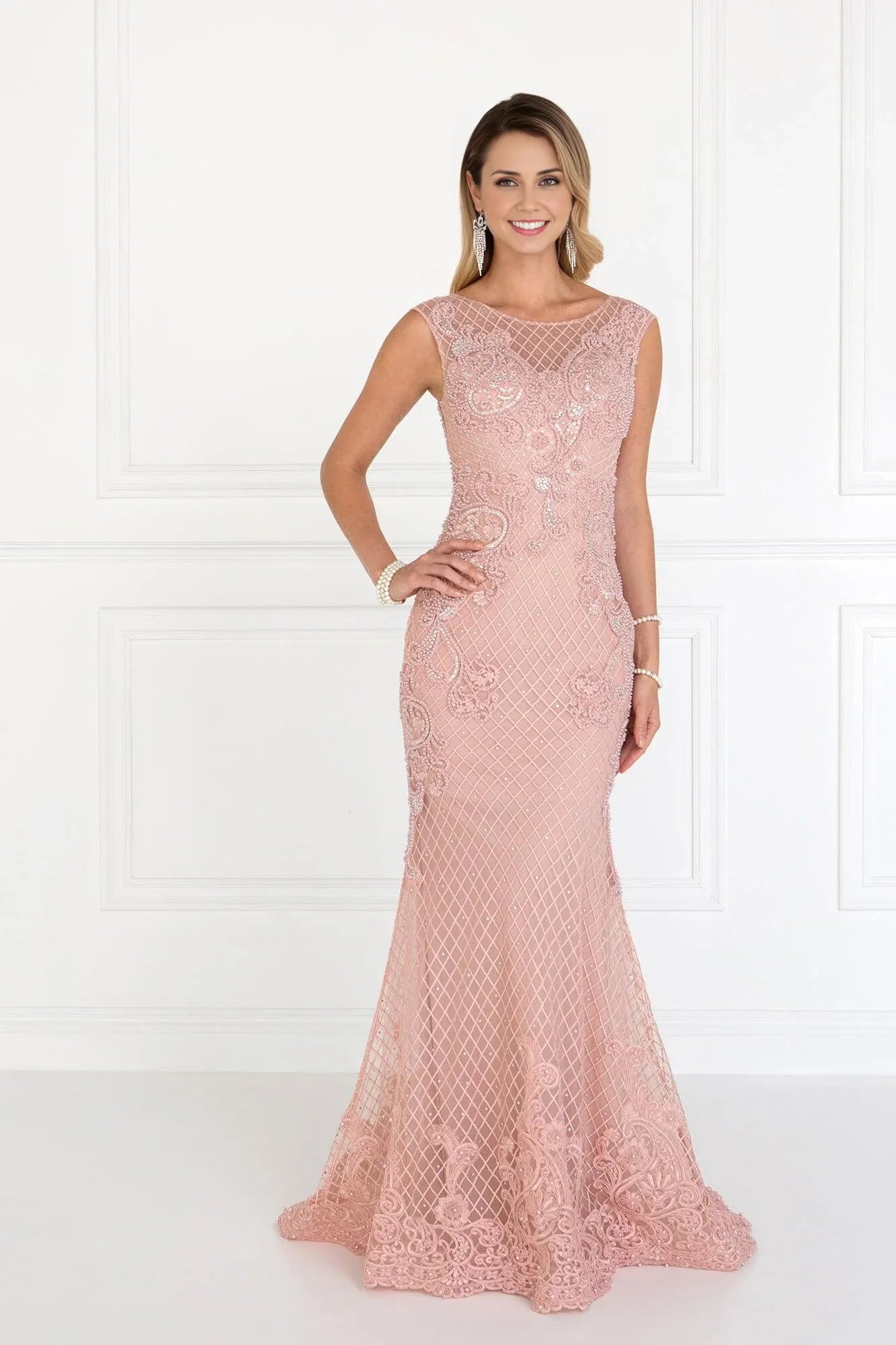 Weitese Dress Prom Formal Evening Mermaid Long Lace Applique Dress Dusty Rose Sleeveless Mother of the Bride Dress