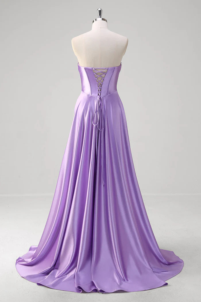Robe longue violette Weitese, coupe trapèze, décolleté en cœur, corset, robe de bal, robe de soirée, traîne 