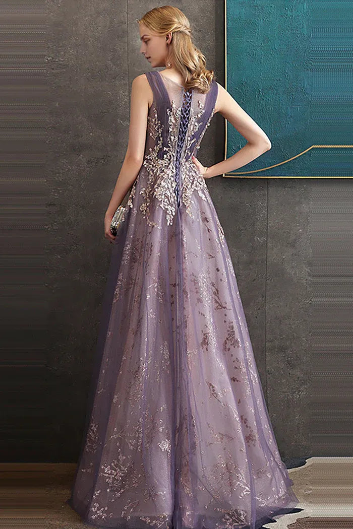 Weitese Dress Purple A Line Round Neck Elegant Tulle Maxi Dress Sleeveless With Sequins Prom Dress